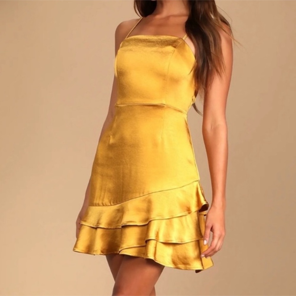 NEW Lulus satin yellow mustard mini dress size s